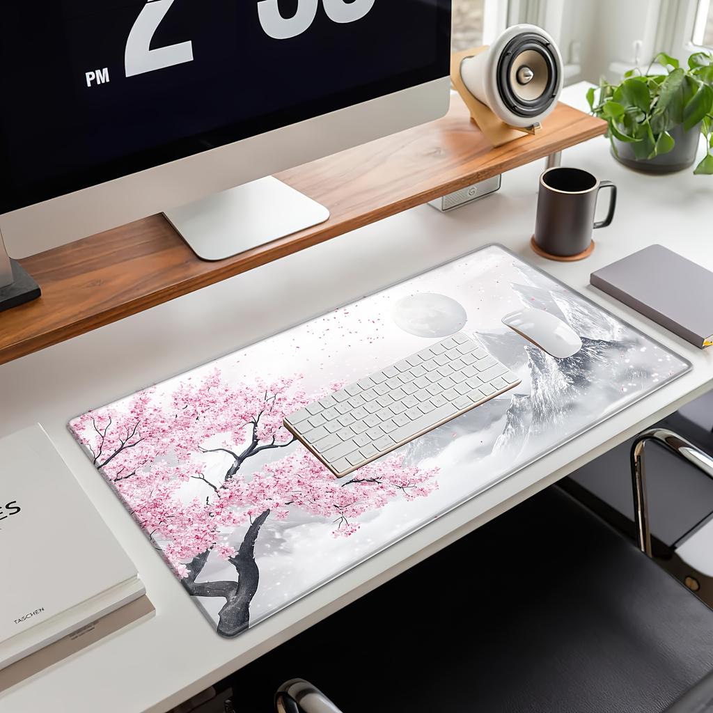 Sakura und Schneebirge Thema Muster Mauspads, Anti-Rutsch Gummiunterseite Game Pad, geeignet für Elektronische Spiele Home Office Nutzung