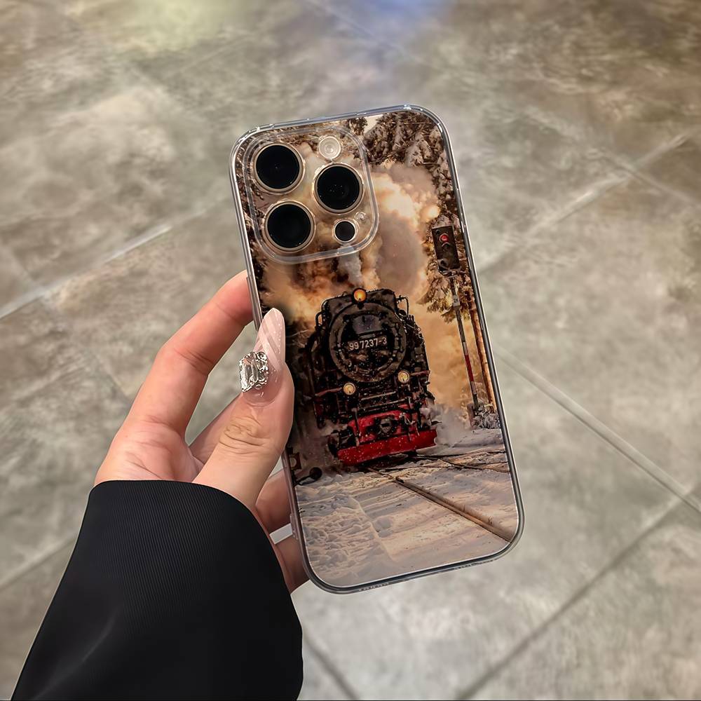 Train Railway Travel Transparent Back Phone Case For iPhone 17 16 15 13 12 11 14 Pro Max Mini Plus Silicone Bumper