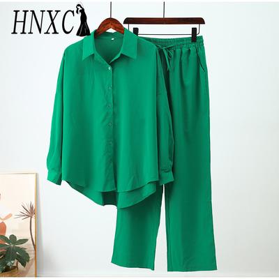 HNXC Mode Herbst und Winter Locker Stretch Knitterhemd Weitbeinige Hose Lässiges Set für Damen Zweiteiliges Set