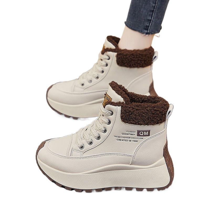 Fleece high-top women's shoes 2025 autumn and winter new warm two-cotton leather surface waterproof sports casual platform daddy shoes for women
