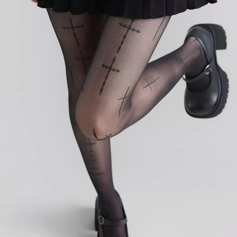 Neue Schwarze Strumpfhosen mit Gothic-Kreuz-Print für Mädchen Modische Leggings Strumpf Socke Damen Herbst Frühling Tägliche Kleidung Dunkle Strumpfhose