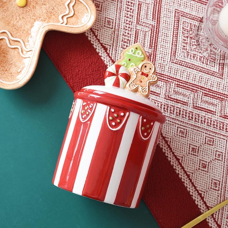 Ceramic Christmas Storage Jar with Lid, 700ml Holiday Candy Canister for Counter Display, Tea Bag Storage, Coffee Bar Accent Use Home