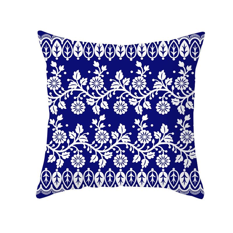 Ethnic Style Sofa Pillow Cover Blue Printed Peach Skin Pillow Cover Office Cushion