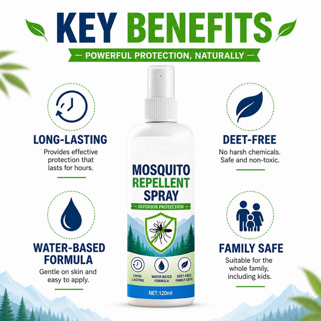 Spray Repellente per Zanzare 120ml Formula a Base d'Acqua Protezione Esterna a Lunga Durata Senza DEET Sicuro per la Famiglia Repellente per Insetti