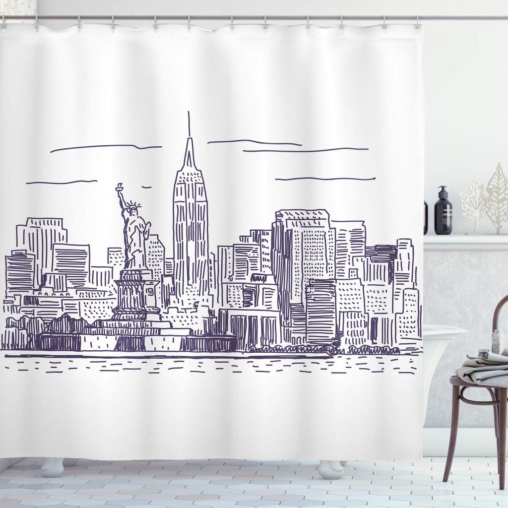 Cityscape Shower Curtain, Modern Skyscraper Skyline Famous Building Bathroom Curtain Waterproof Fabric Shower Curtain With Hooks