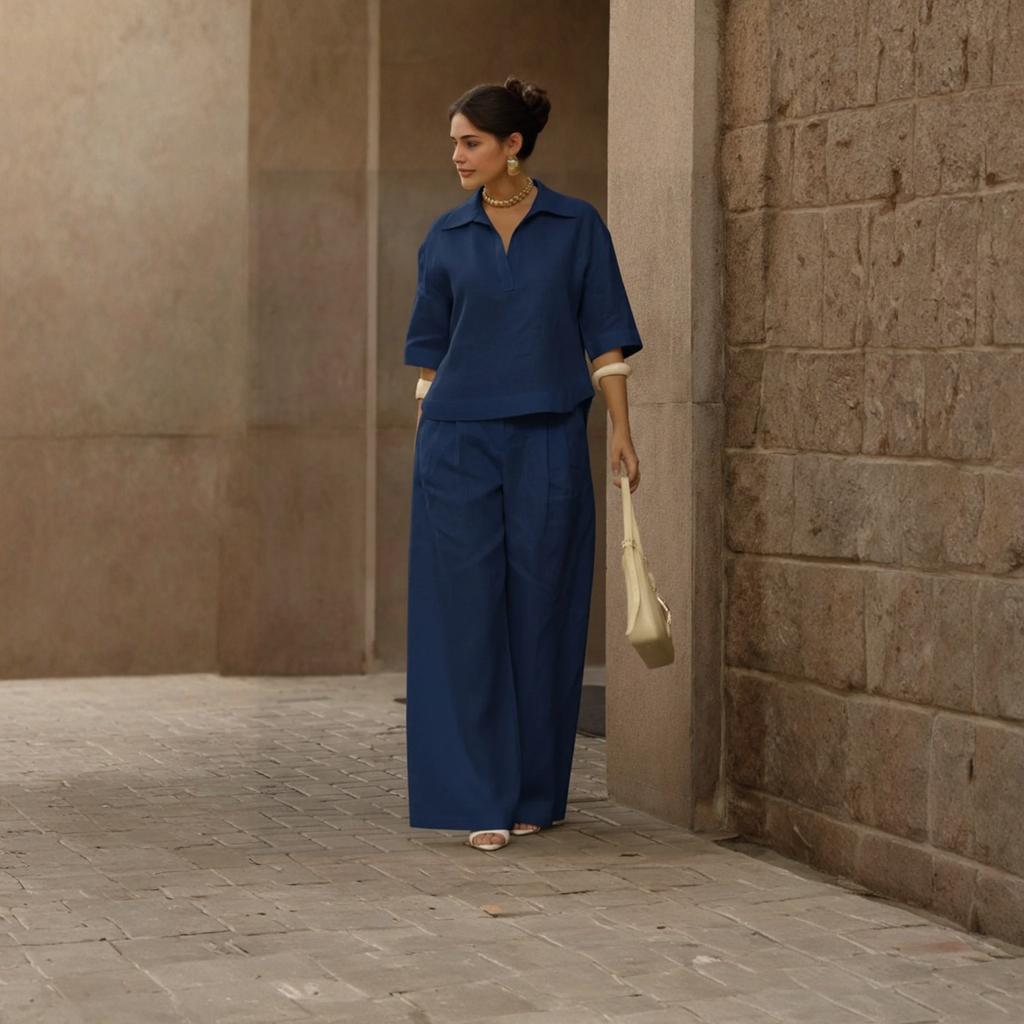 Women's Casual Two-piece Collar Top And Wide Leg Pants Set