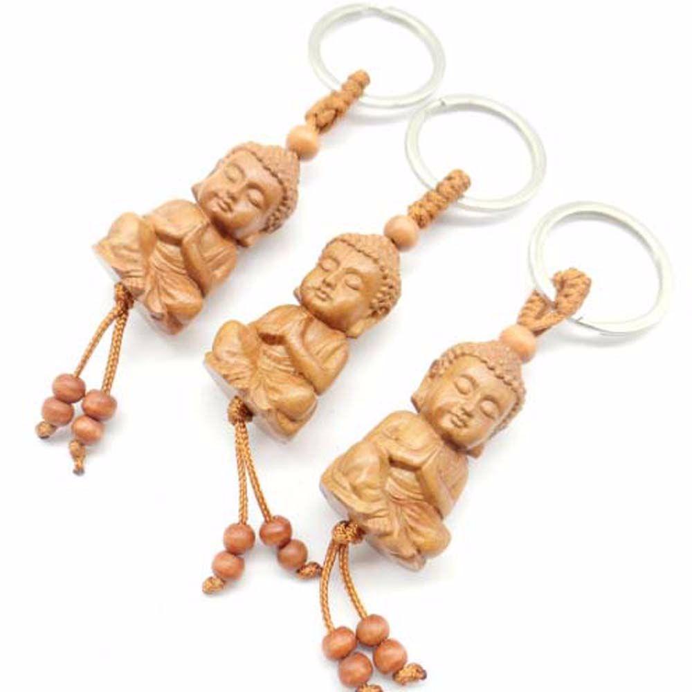Monk Buddhism Guanyin Wood Carving Craft Bag Pendant Keychain Car Accessories Keyfob Key Ring