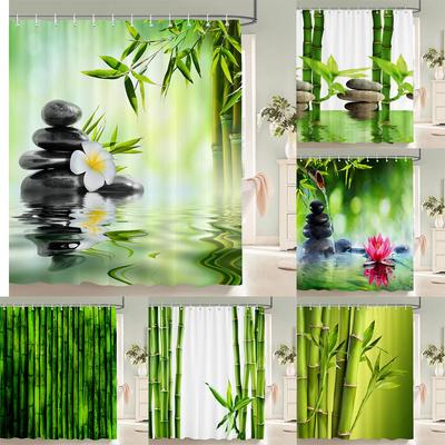 Grüne Pflanzen-Bambus-Duschvorhang, Badezimmer-Badevorhang, wasserdichter Polyester, 3D-gedruckte Bäume, 180 x 200 cm, Badewannenabtrennung mit Haken