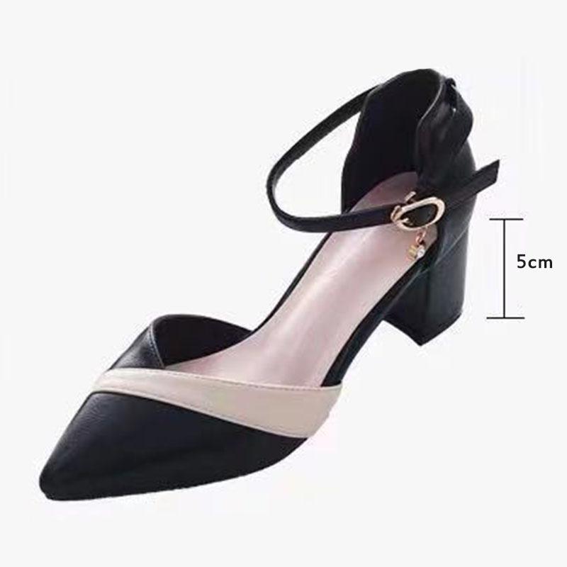 WTEMPO Color-blocking Sandals Women's Spring and Summer Thick Heels Pointed Toe Middle Heels Flat Buckle High Heels Anti-slip and Wear-resistant