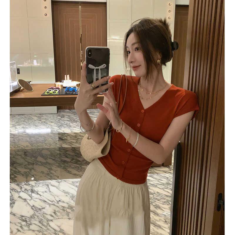 Summer V Neck Slim Fit Casual Knitted T-shirt Women Fashion Elegant Short Sleeve Tshirts Tops Office Lady Vintage Button Up Women's Tee Shirt 24845