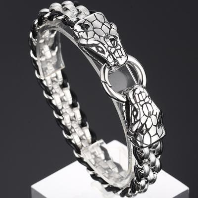 Brățară gotică solidă din oțel inoxidabil cu cap de șarpe pentru bărbați Brățară pentru motocicliști Curea de mână din piele împletită cu cap de șarpe