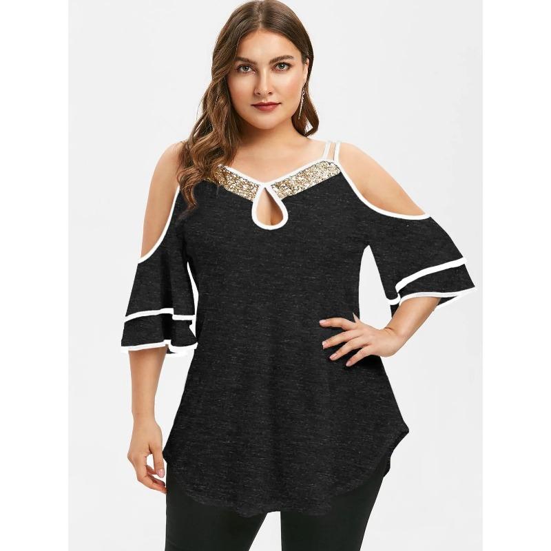 Womens Plus Size Cold Shoulder T Shirt Sequin Detail Ruffle Sleeve Keyhole Top