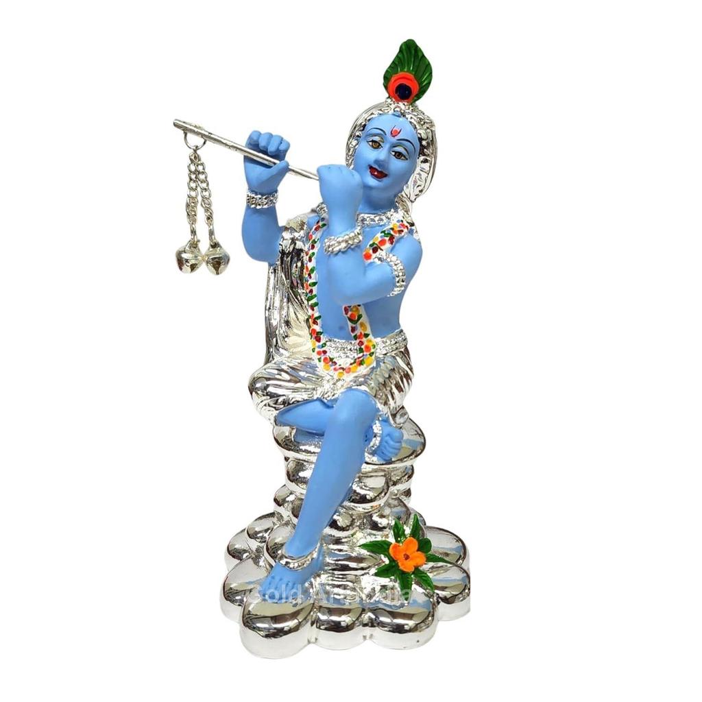 Krishna Idol for Home Silver Plated Blue Terracotta Murli Krishna Laddu Gopal Murti for Gifting