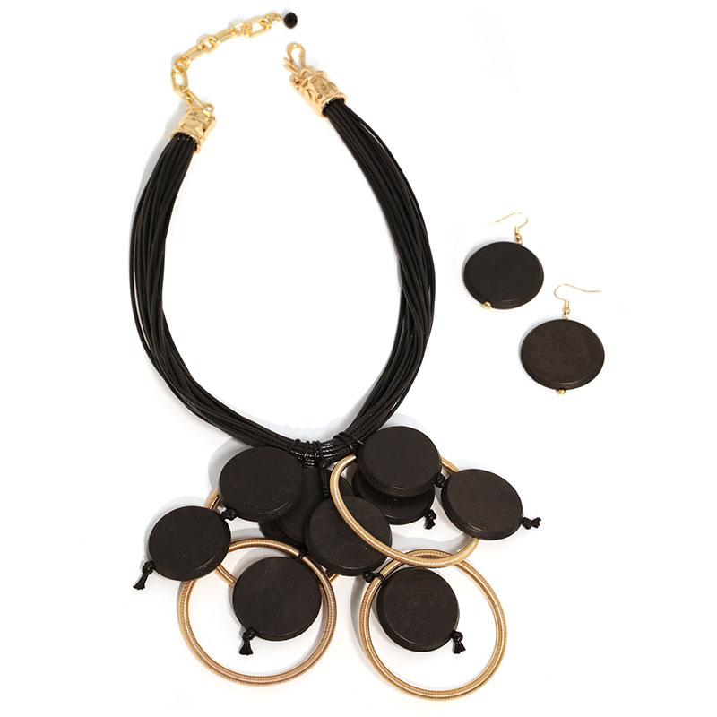 Fashion Statement Retro Geometric Ring Wooden Stitching Necklace for Women Wedding Party Accessory