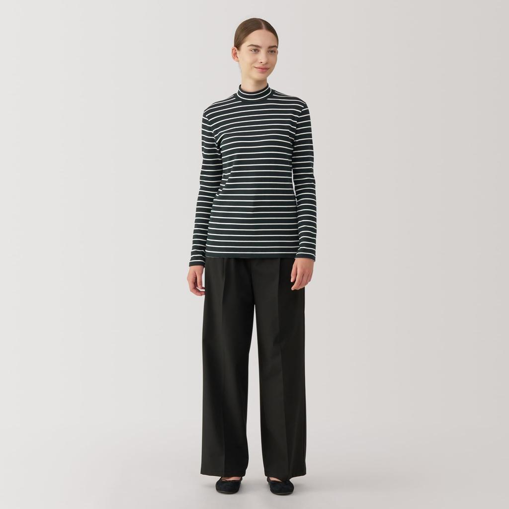 MUJI Brushed Milled Knit Black Size BB2QDA4A Women's High-Neck Long-Sleeve T-Shirt, Striped, L,