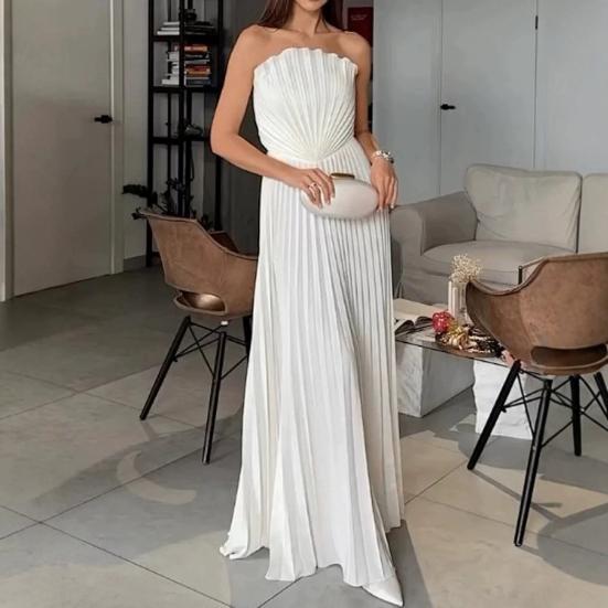 Summer Pleated Chiffon Dress for Women Shell Design Strapless Tube Top Maxi Flowy Dress Backless Formal Wedding Guest Dress