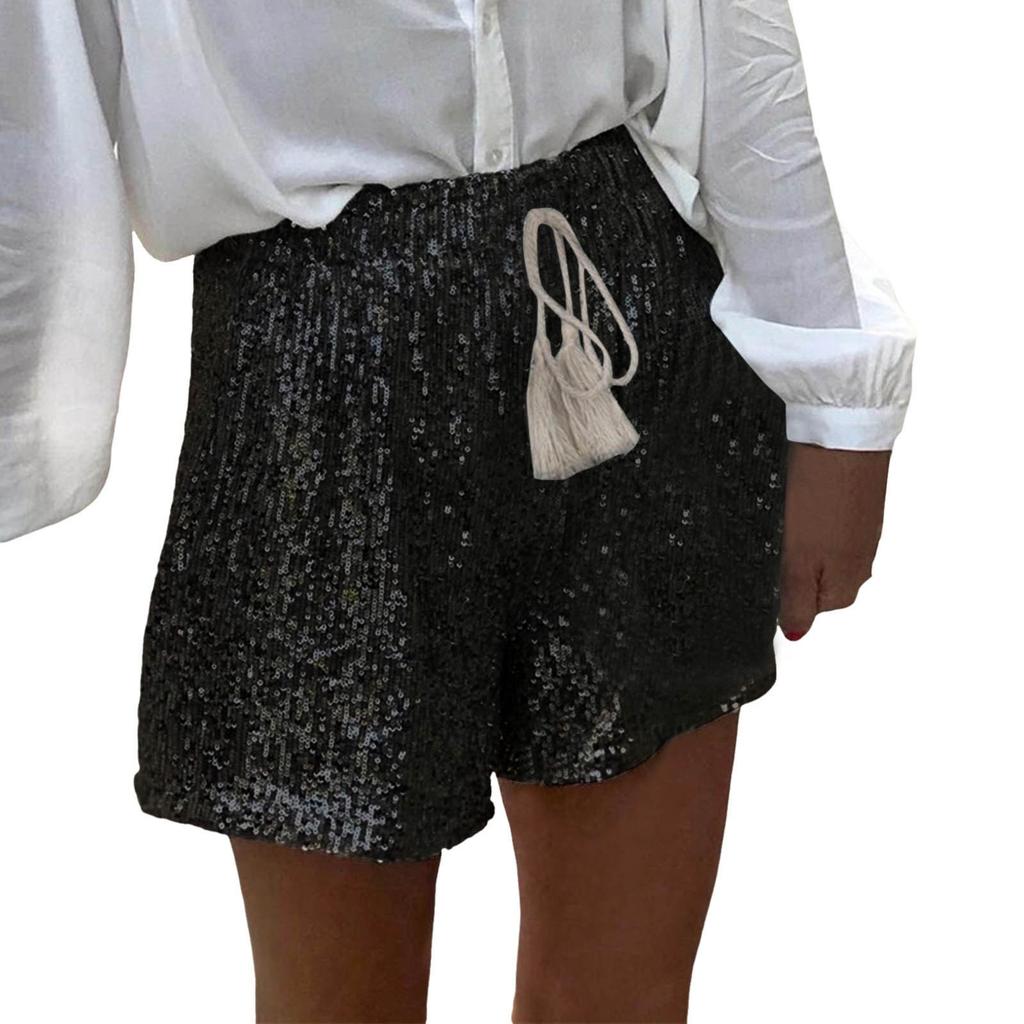 Women Summer Sequined Shorts High Waist Casual Loose A Line Shorts Shiny Clubwear Night Out Shorts Silver Black Shorts