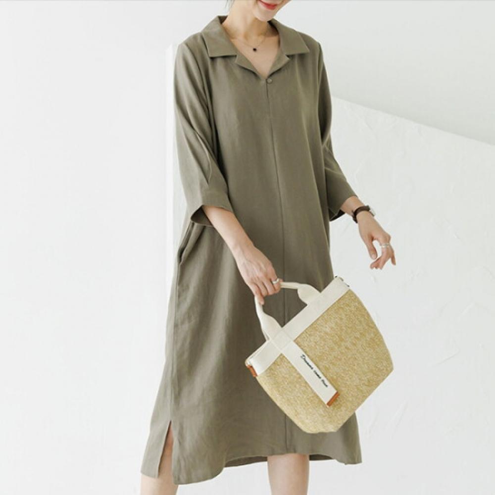 Dedra Women S Sharan Linen Collar Long dreSS Black Ope3017