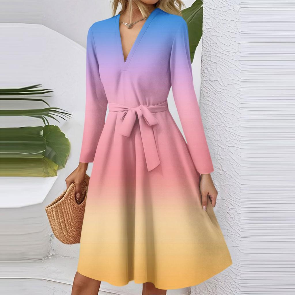 Women's Fashion Casual V-Neck Long Sleeve Waist Gradient Printed Midi Dress