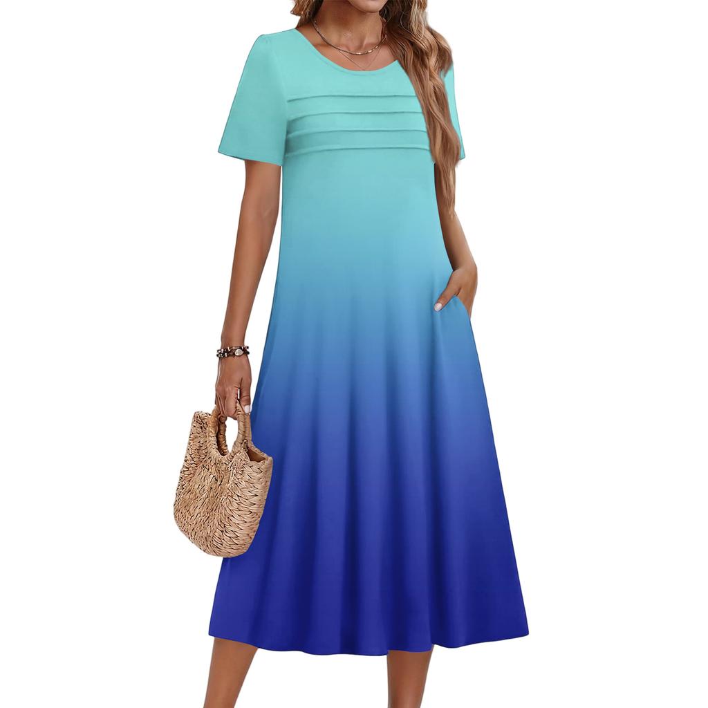 Ladies' Gradient Printed Casual And Fashionable Short Sleeved Round Neck Dress