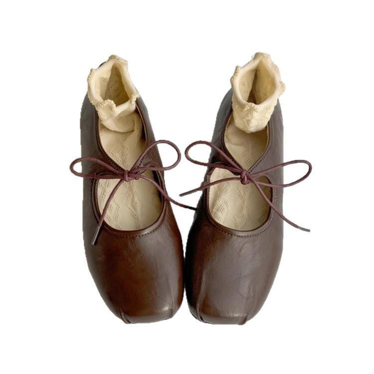 Retro Pleated Round Head with Mary Jane Shoes, Femininity Versatile Flat-soled Ballet Shoes, Shallow Mouth Soft-soled Single Shoes