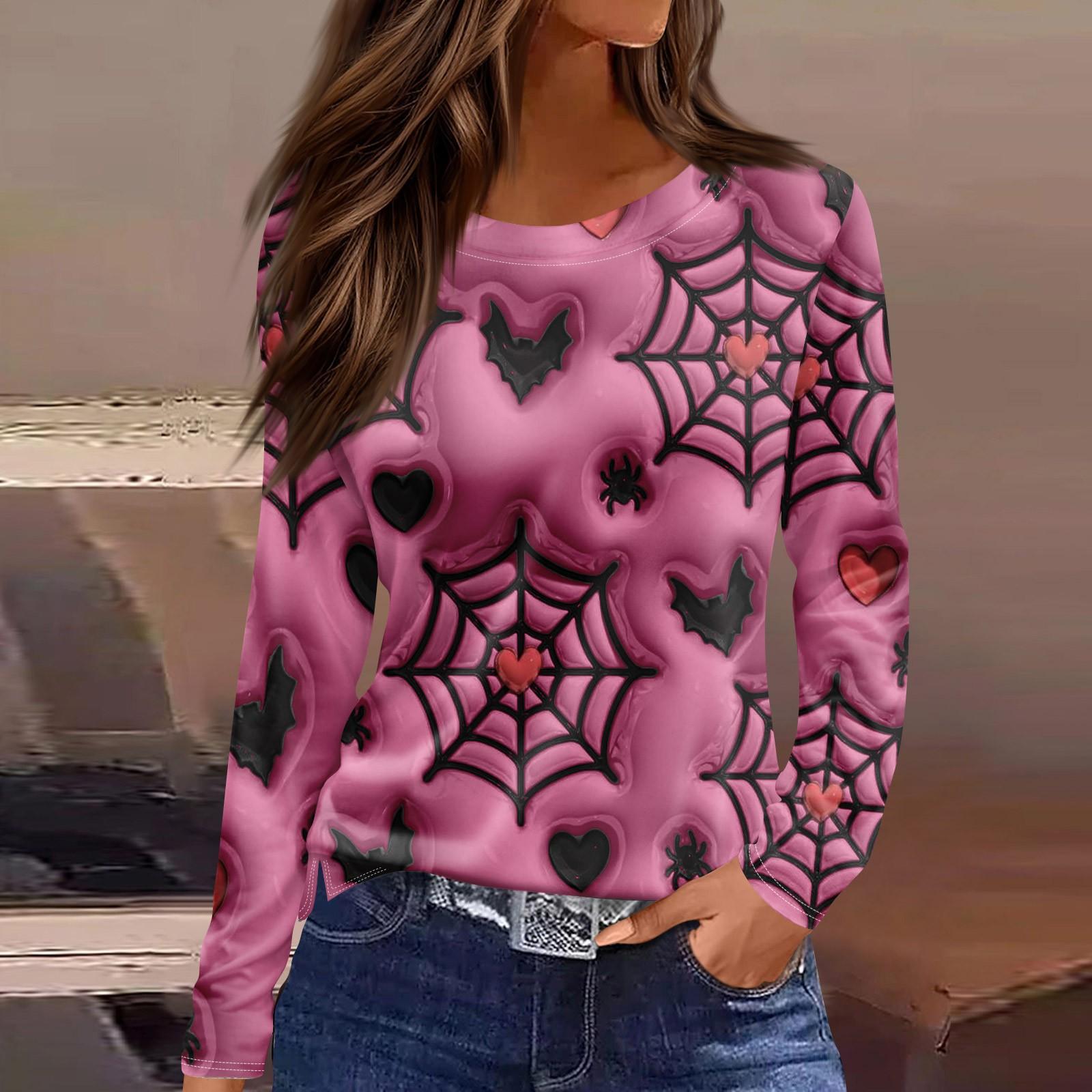 

Женская модная повседневная футболка с разрезом по подолу, принтом на Хэллоуин, круглым вырезом и длинным рукавом XL розовый