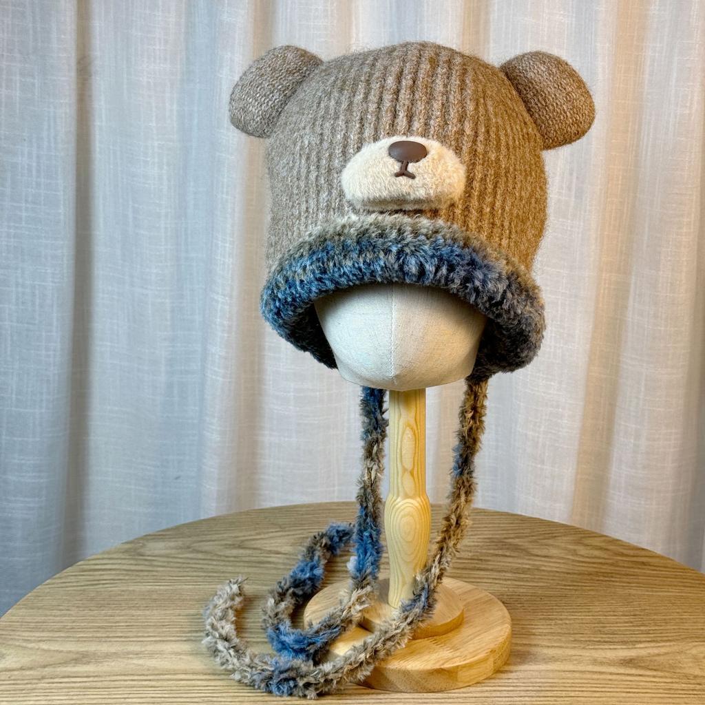 New Cute Bear Knitted Hat for Women in Autumn and Winter Warm Plus Velvet Ear Protection Hat Cold Proof Pullover Woolen Hat