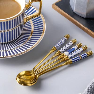 Złota łyżeczka deserowa z ceramicznym uchwytem, łyżeczka do kawy, mleka, do mieszania, łyżeczka do lodów, łyżeczka do herbaty, łyżka do mieszania ze stali nierdzewnej