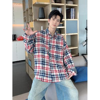 2024 Plaid Langarm Hemd Japanischen Hong Kong Stil Ins Lose Hemd Jungen Sommer Trendy Vielseitig Casual Mantel