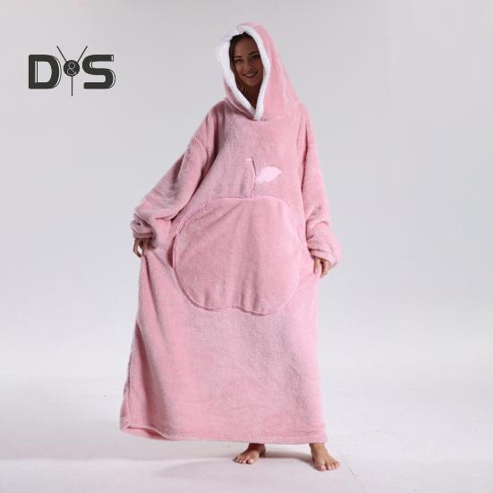 Winter Wearable Blanket Bathrobe with Big Pocket Thick Double-sided Fleece Loose Long Sleeves Pajamas Heat Retention Full Protection Home Lazy Sleeve
