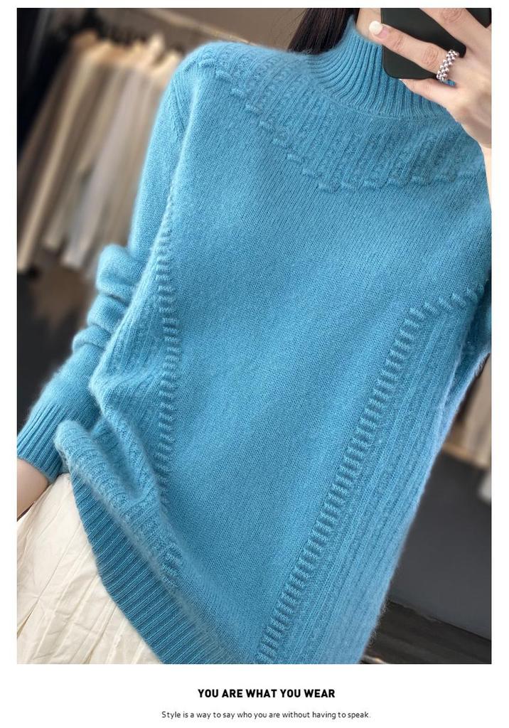 Women's 2024 Autumn/Winter Wave Pattern Wool Sweater - Half-High Collar, Thickened Solid Knit Base Layer