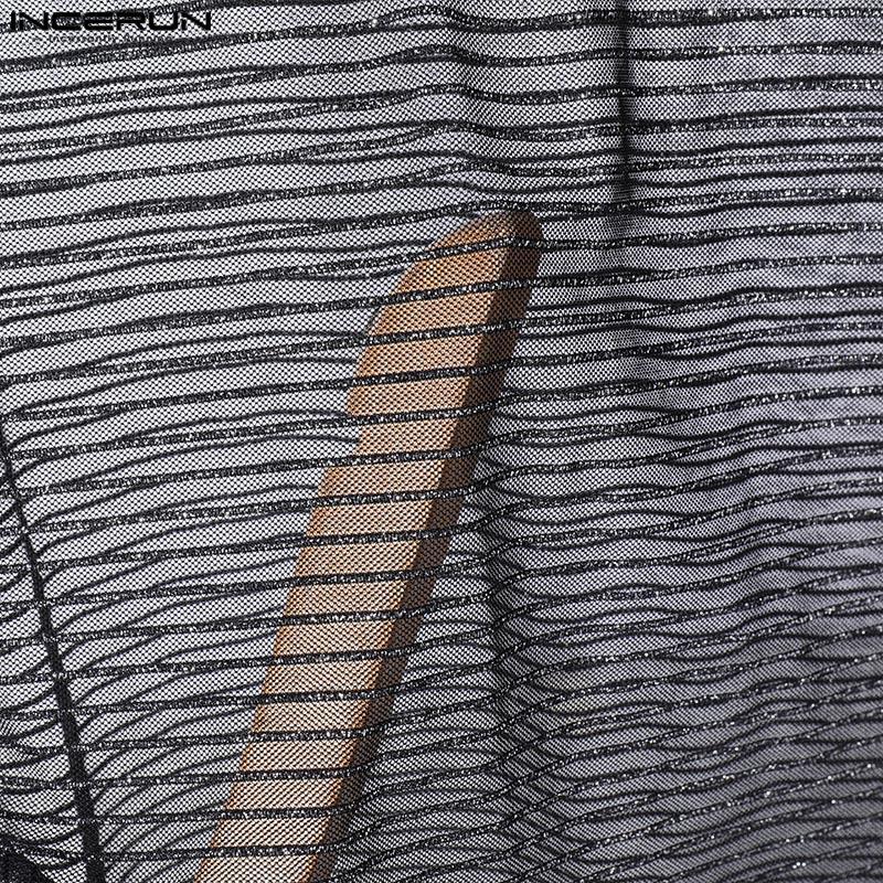 INCERUN Herren Rollkragen Langarm Glitzer Mesh Durchsichtiges T-Shirt See Through Tops
