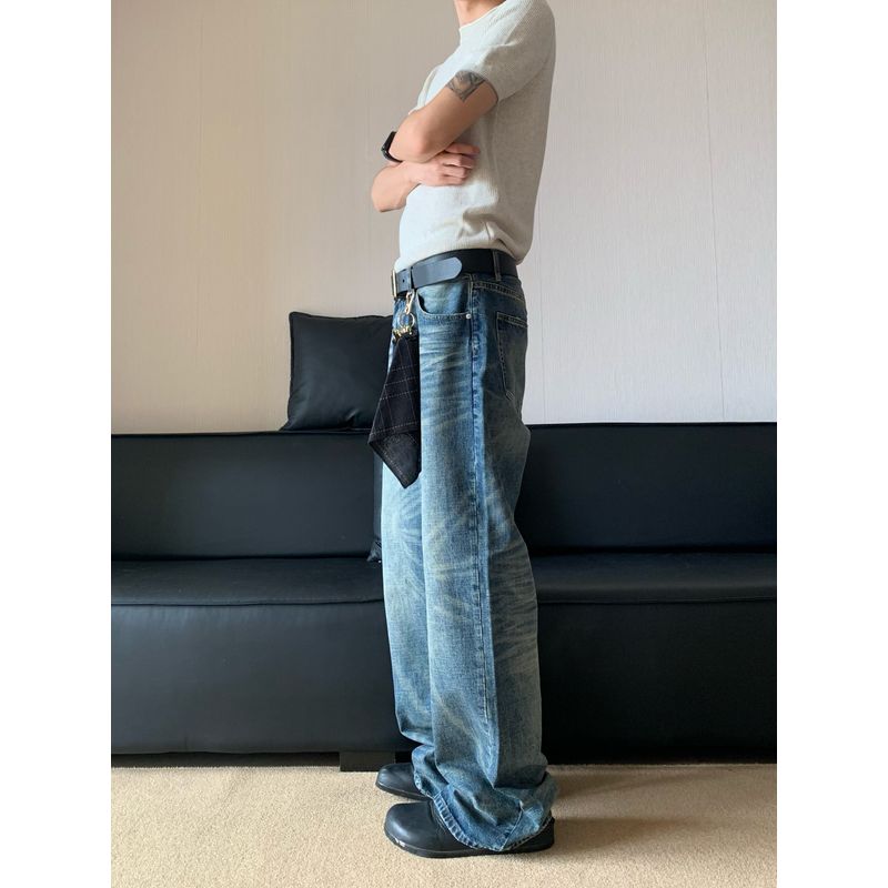 Cabbage Coke American-Style Clean Fit Loose Straight-Leg Whiskered Denim Pants Unisex Wide-Leg Straight Long Pants Trendy