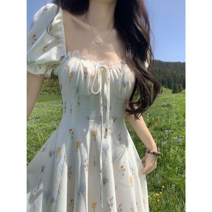 French Floral Puff Sleeve Maxi Dress, Waist-Cinching A-Line Hem, Gentle Summer Style First Love Small белый