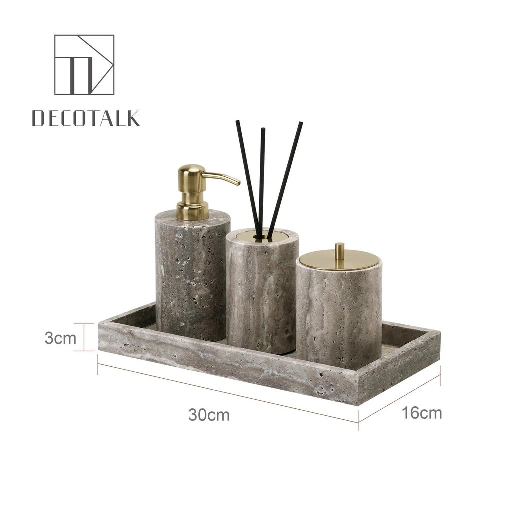 Set da Bagno Travertino Grigio Argento Wabi-Sabi: Vassoio e Decorazione per Lavabo.