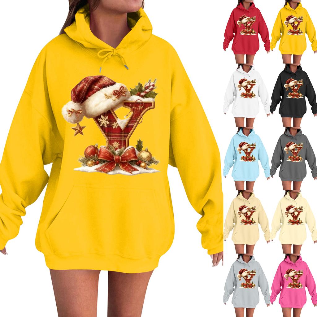Women's Casual Comfortable Long-Sleeved Christmas Letter-Printed Warm Hooded Crew-Neck Sweatshirt