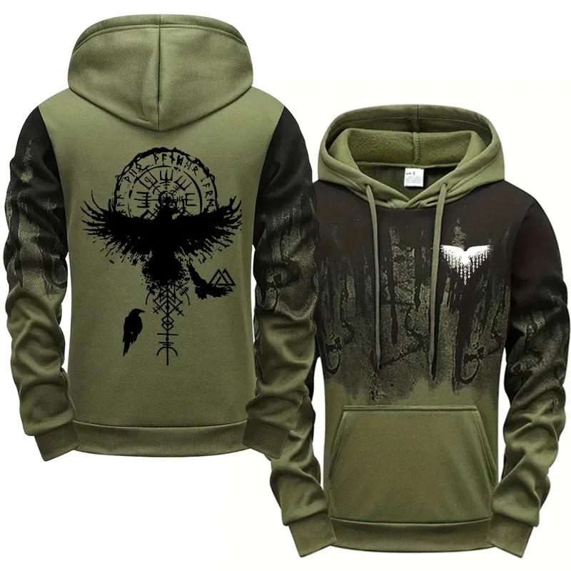 Autumn Winter Men Hoodie Viking Raven Print Sweatshirt Warm Comfortable Outdoor Fashion Top Quality Casual Outwear Male Clothing