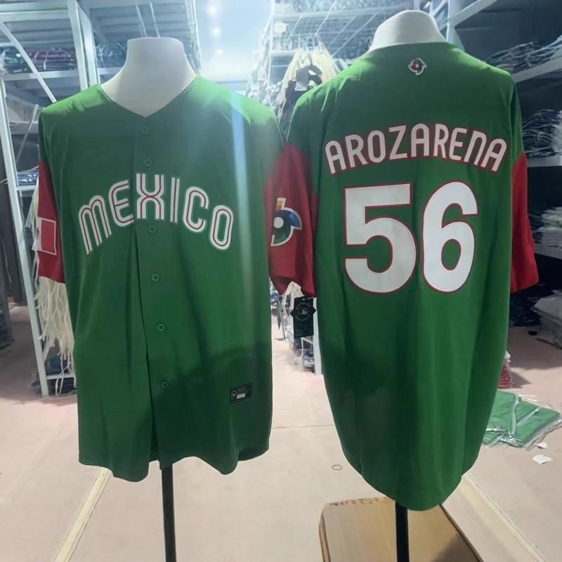 Mens Embroidered Baseball Jersey Short Sleeve Loose Fit Sport Top Mexico Team 56 Green Red