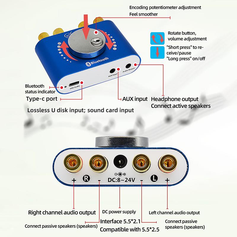 Nobsound Mini Bluetooth 5.0 Hifi Tpa3116 Digital Amplifier Stereo Audio 2.0 Channel Sound Amplifiers 40W Power Amp