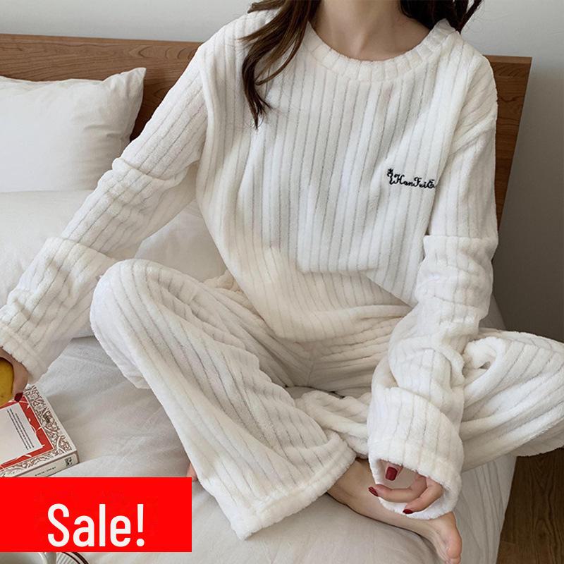Women's Striped Flannel Pajama Set - Cozy Two-Piece Coral Fleece Home Wear for Autumn and Winter