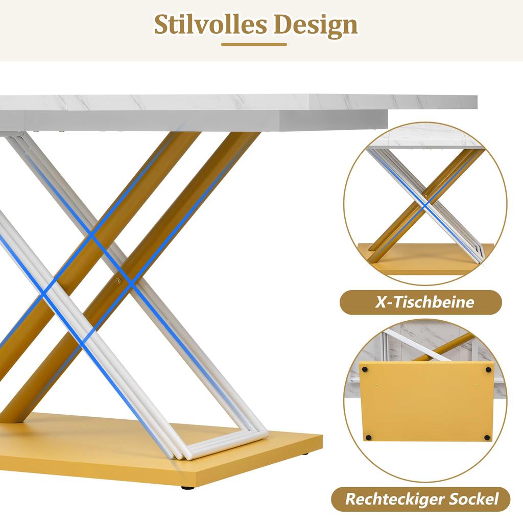 Dining Table for 4-6 People, 140x80cm, Modern Kitchen Table with Thickened Artificial Marble Tabletop and X-shaped Metal Legs