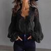 Camicia da Donna con Patchwork di Pizzo, Maniche a Sbuffo e Pieghe