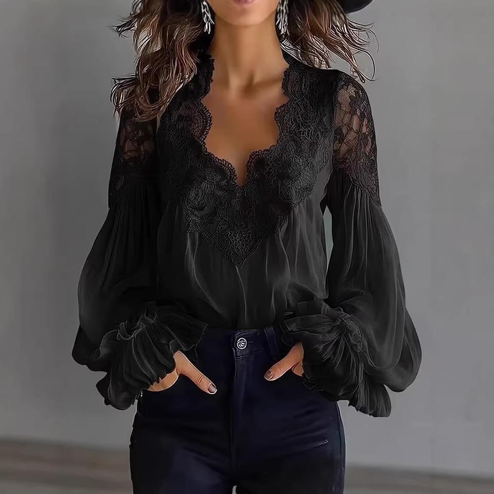 Camicia da Donna con Patchwork di Pizzo, Maniche a Sbuffo e Pieghe