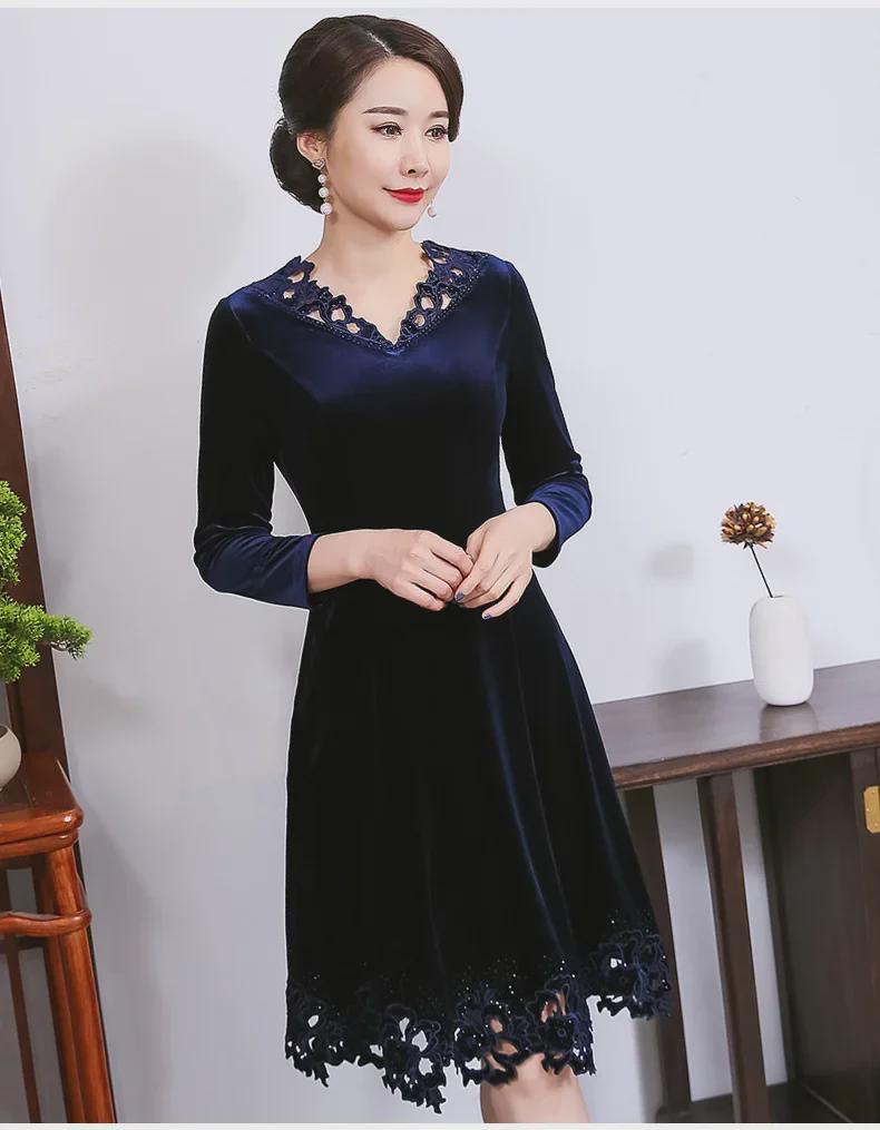 Plus Size European & American Celebrity Velvet Dress with Embroidery and Hollow Design