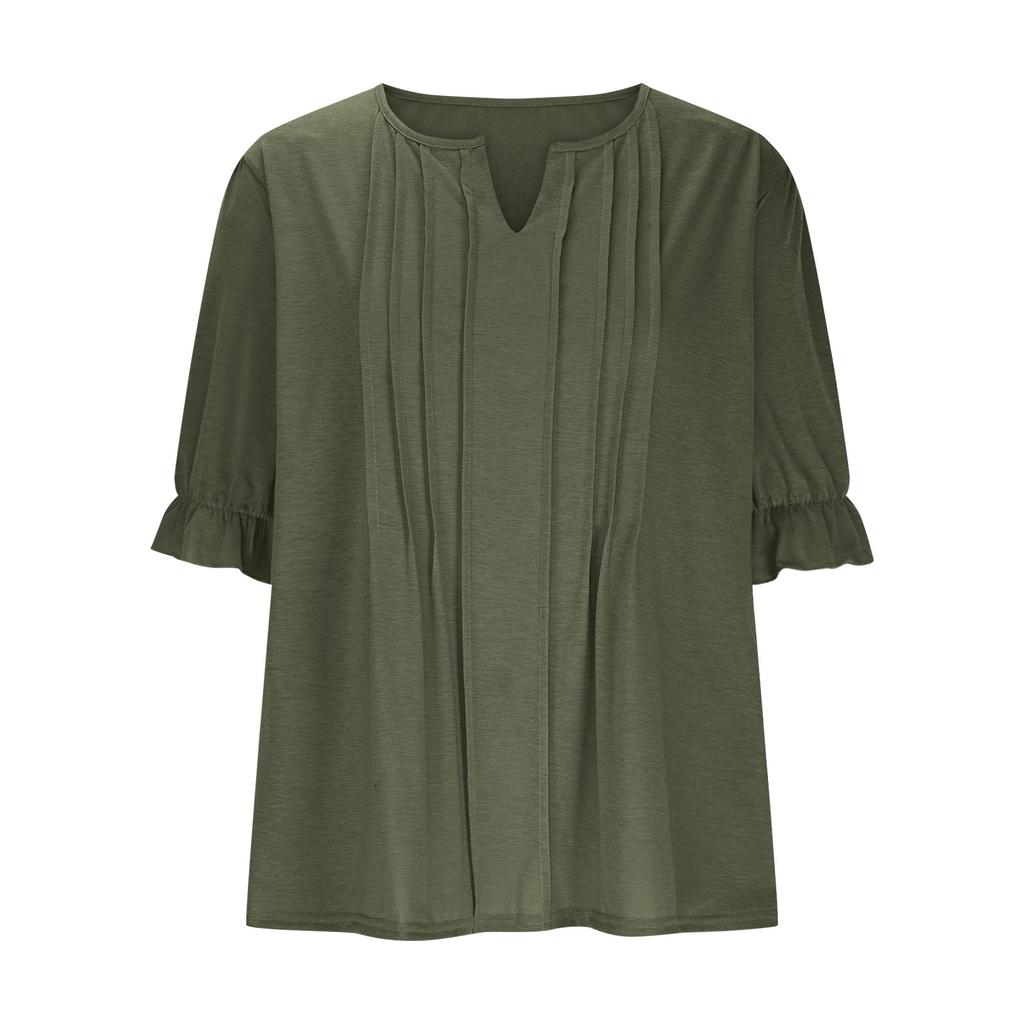 Women's Fashion Casual V,Neck Button,Front Pleated T,Shirt With Short Sleeves In Color