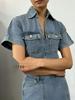 Summer V-Neck Denim Skirt-Pants Set: Women's Irregular Short-Sleeved Top