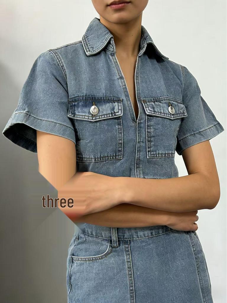 Summer V-Neck Denim Skirt-Pants Set: Women's Irregular Short-Sleeved Top