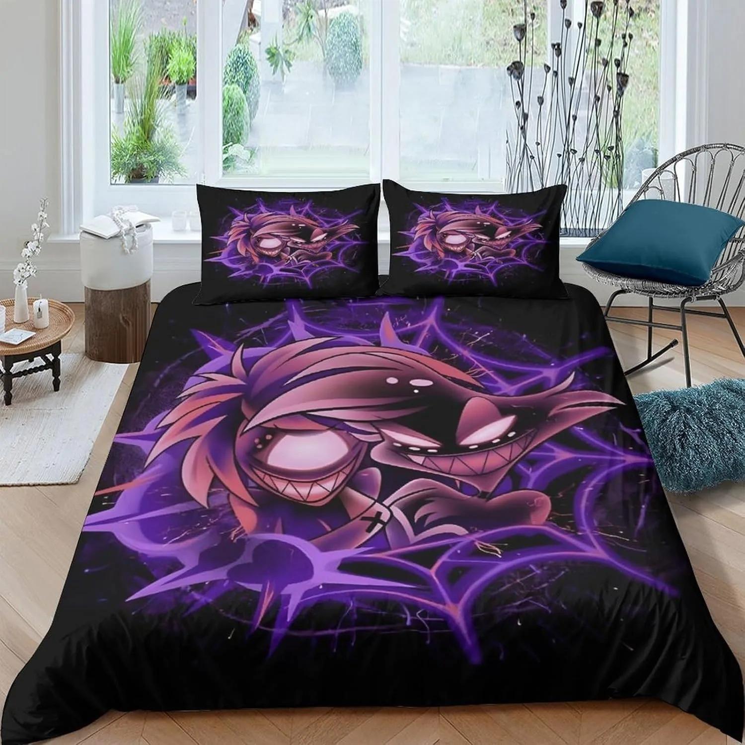 Housse de couette H-Hazbin Hotel parure de lit avec taie d'oreiller, taille simple/double, décoration de chambre pour enfants et filles adultes, cadeau 200x200cm