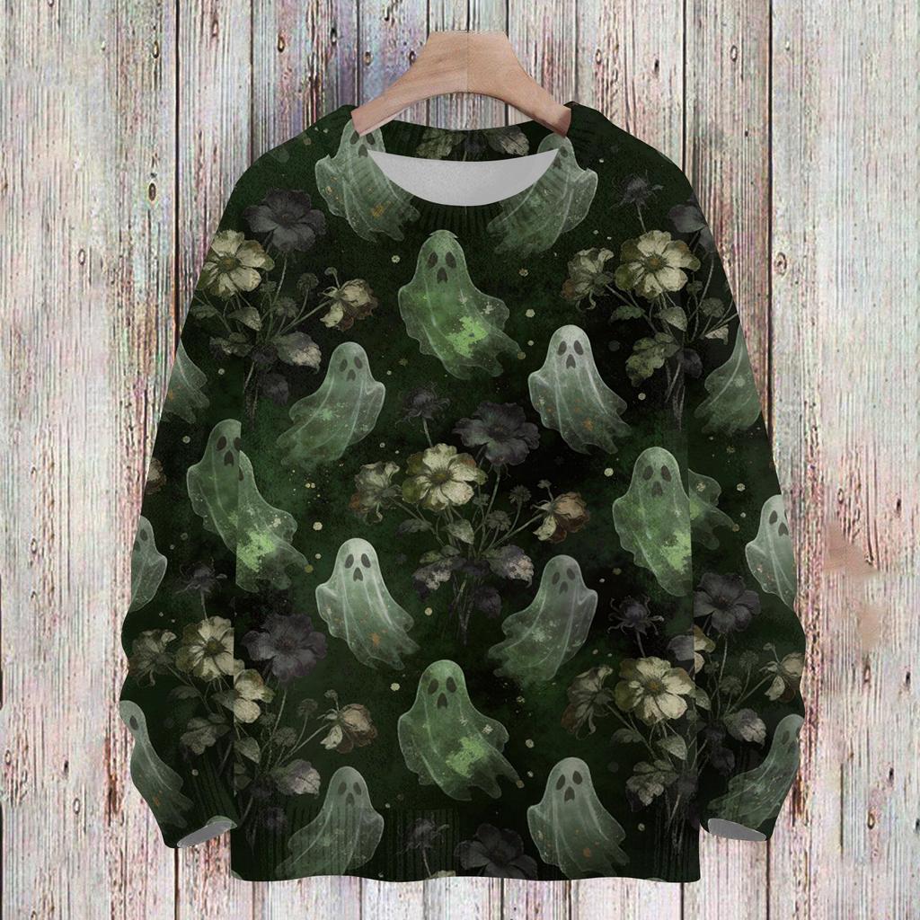 Women's Casual Long Sleeve Halloween Print Round Neck Knit Sweater Top