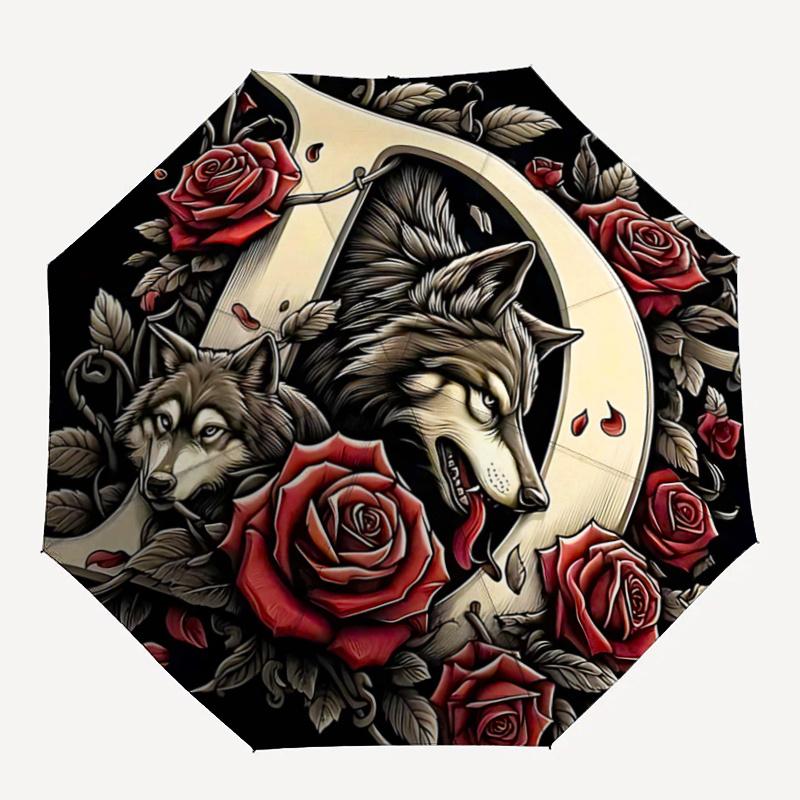 1pc Daring Wolves Automatic Open/ClosePractical Umbrella-CuteUmbrella with Cute Design, Portable 3-Fold Compact Umbrella for Men & Women, Valentine's